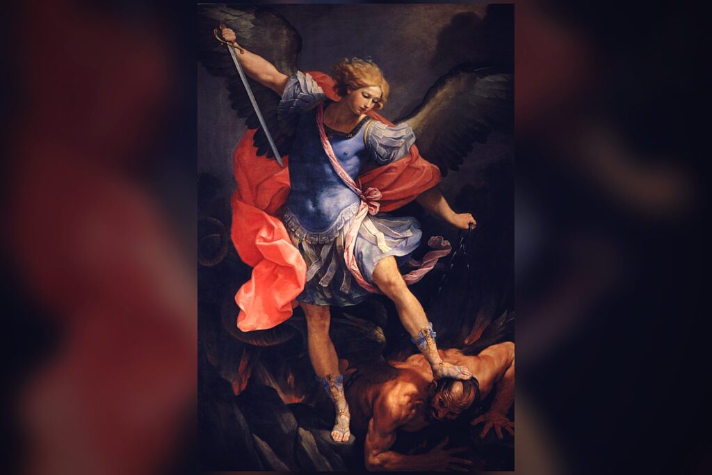 Archangel Michael defeating Satan in the war in heaven