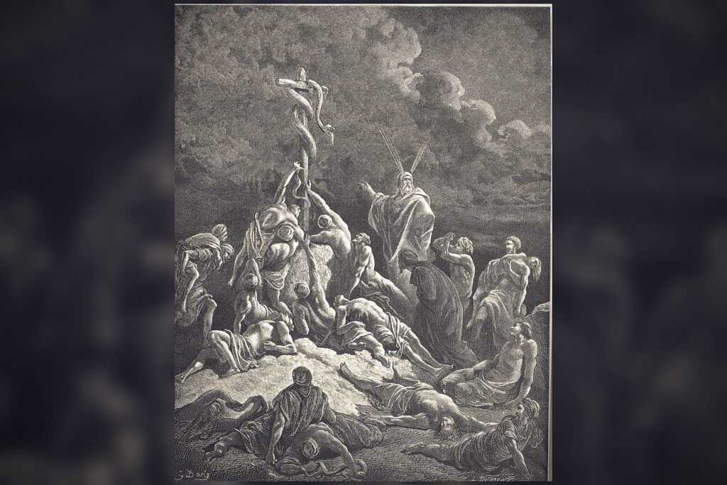 Moses lifts the bronze serpent in the wilderness as the Israelites look up