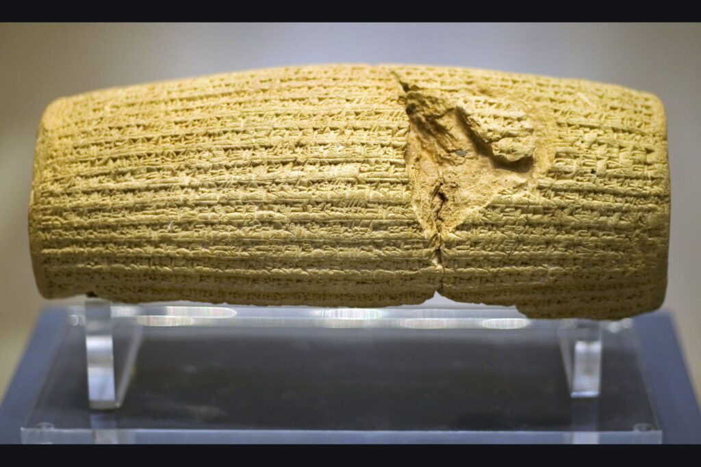 The Cyrus Cylinder, a barrel-shaped clay cylinder covered in Babylonian cuneiform
