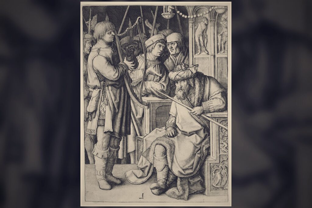 The first case of demonic possession in the Bible: Lucas van Leyden's engraving of David playing the harp before King Saul, tormented by an evil spirit