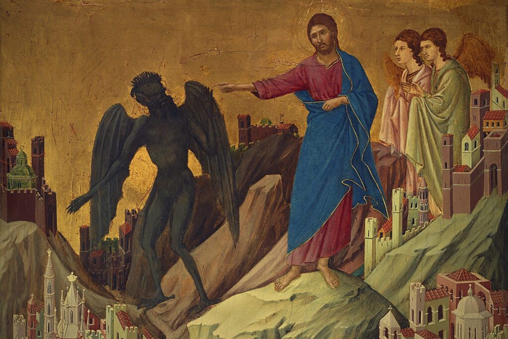 Tabla de Duccio en la que Satanás muestra a Jesús los reinos del mundo desde un monte muy alto