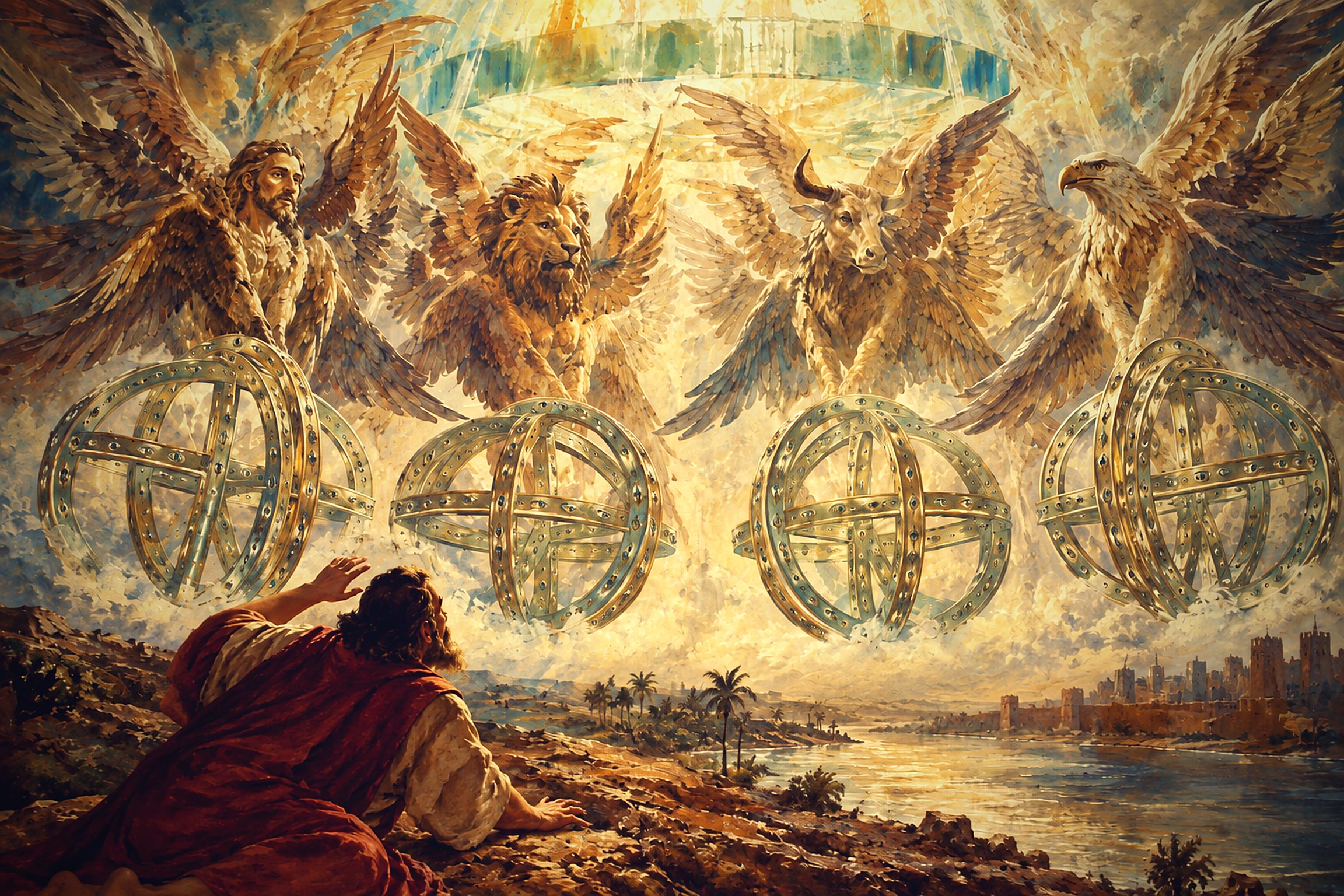 Ezekiel kneels by the river Chebar as four cherubim and four ophanim wheels appear in the sky above Babylon