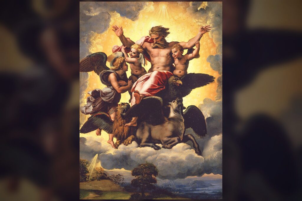 Raphael's painting of Ezekiel's vision of the cherubim carrying God's throne