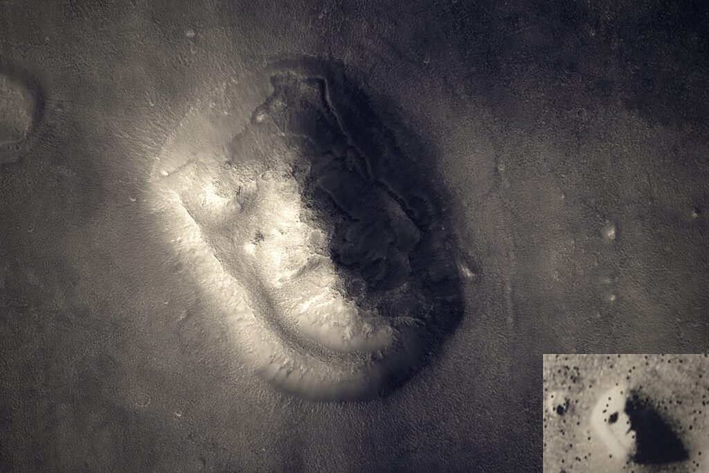 La Cara de Marte fotografiada por HiRISE, con la imagen Viking de 1976 insertada para comparar