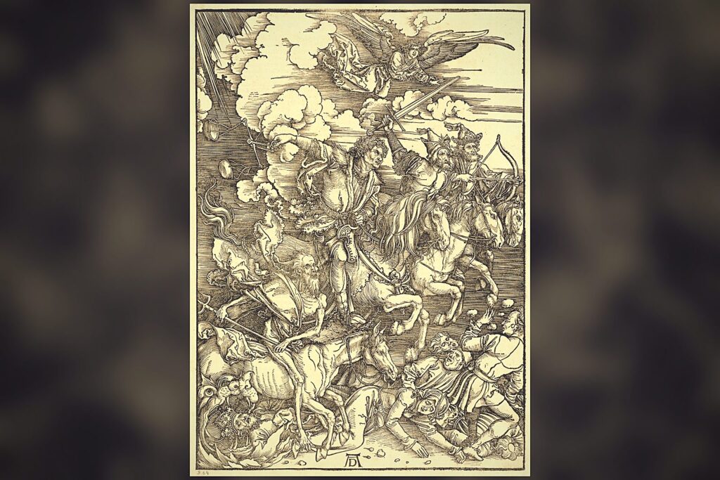 Los cuatro jinetes del Apocalipsis cabalgando sobre la tierra, la imagen del fin del mundo en el Apocalipsis