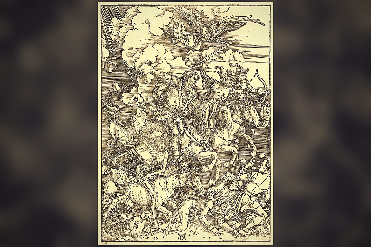 Los cuatro jinetes del Apocalipsis cabalgando sobre la tierra, la imagen del fin del mundo en el Apocalipsis