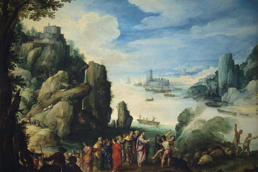 Paisaje de Paul Bril con la curación del endemoniado y la piara corriendo hacia el agua