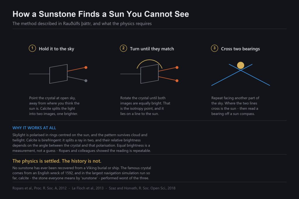 Diagram of the three steps for using a Viking sunstone to locate the sun through cloud