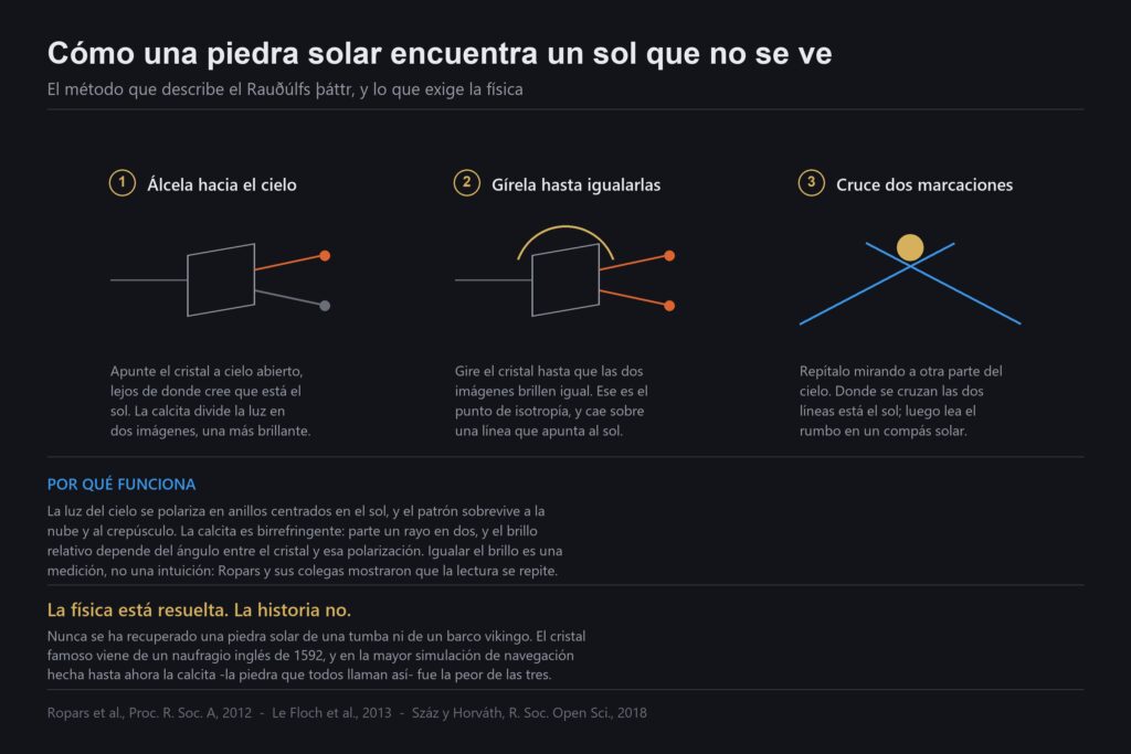 Diagrama de los tres pasos para usar una piedra solar vikinga y localizar el sol a través de la nube