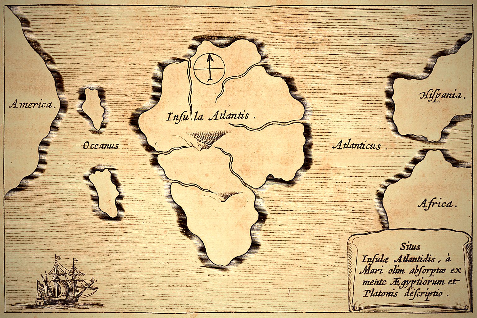 El mapa de la Atlántida en el océano Atlántico dibujado por Athanasius Kircher en 1669