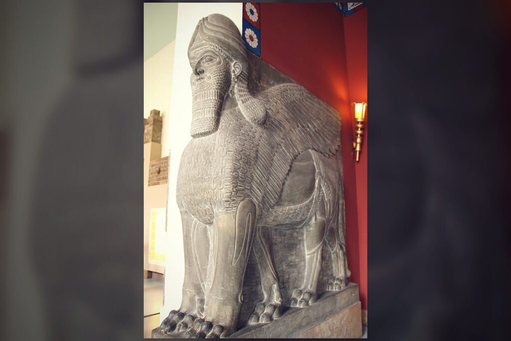 Assyrian lamassu winged bull from Nimrud in the ninth century BC