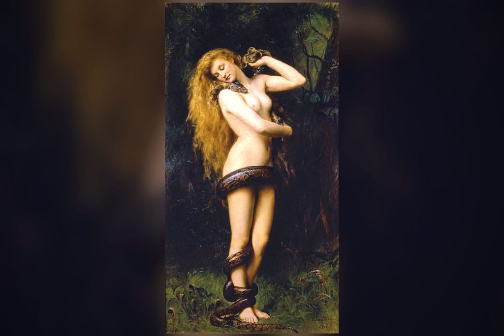 Lilith, de John Collier, 1887, con una pitón enroscada alrededor de su cuerpo