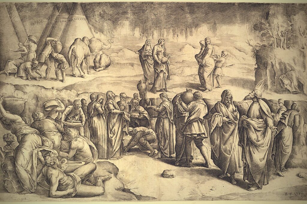 Israelites gathering manna from the desert floor each morning