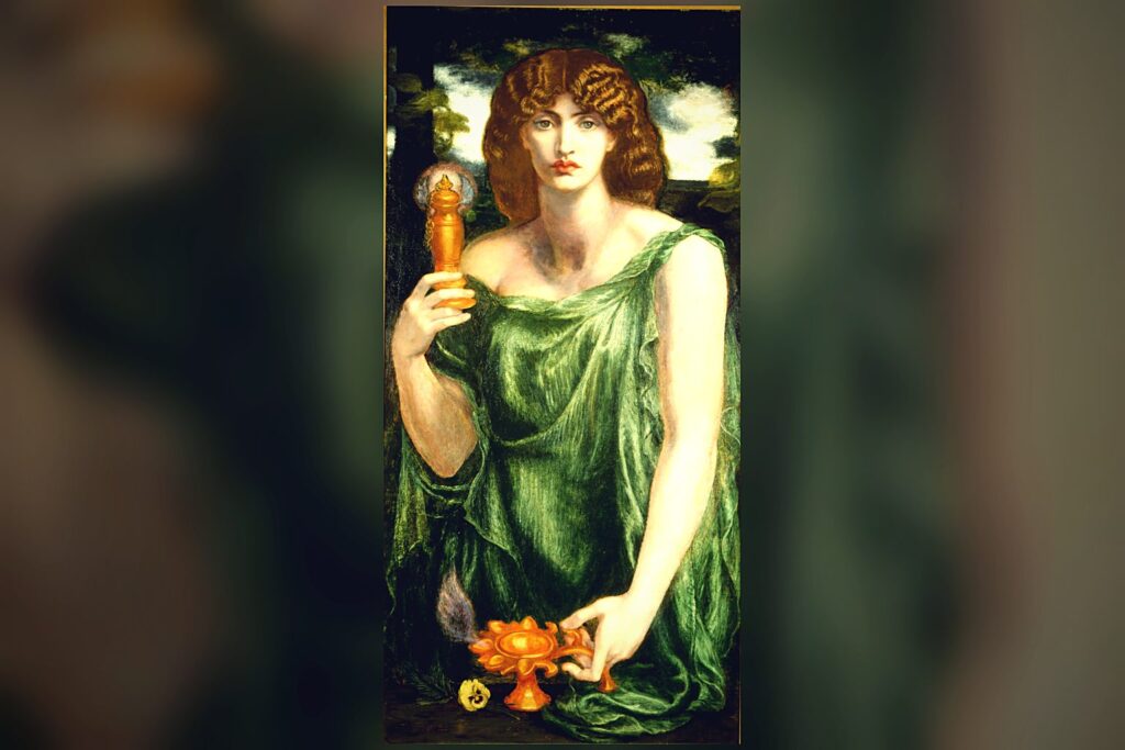 Pintura de Rossetti de Mnemosine, la diosa griega de la memoria, sosteniendo una lámpara