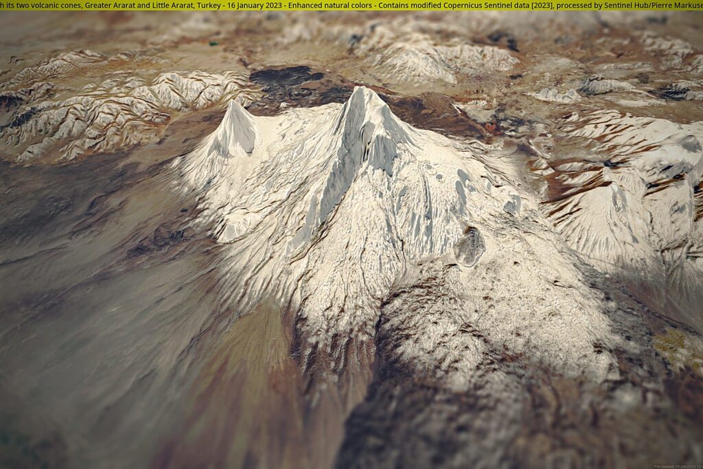 Vista satelital en 3D del monte Ararat con la garganta de Ahora