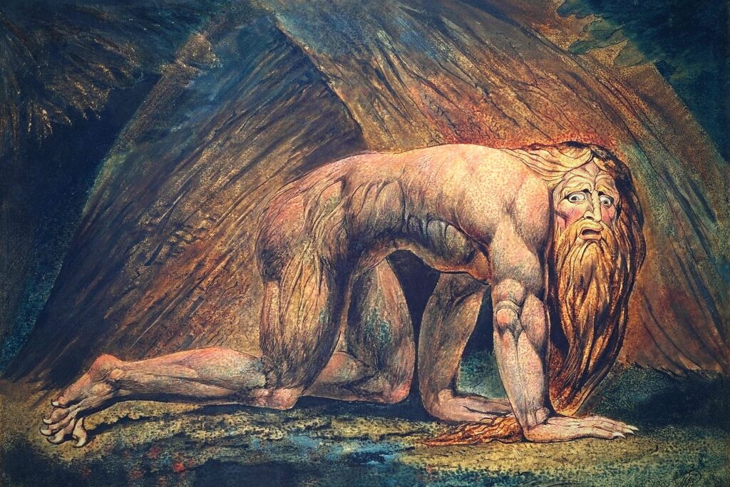 Nebuchadnezzar crawling on the ground in madness as described in Daniel 4