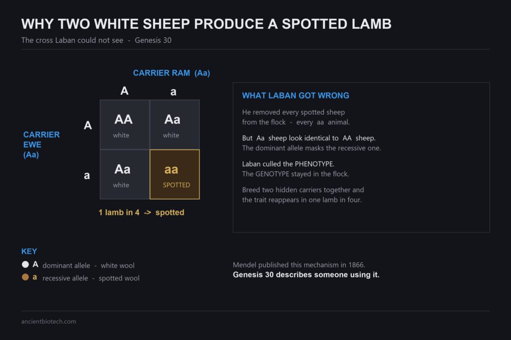 Punnett square showing two white carrier sheep producing a spotted lamb in one case out of four