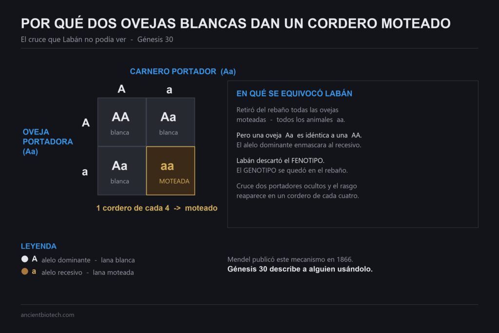 Cuadro de Punnett: dos ovejas blancas portadoras producen un cordero moteado en uno de cada cuatro casos