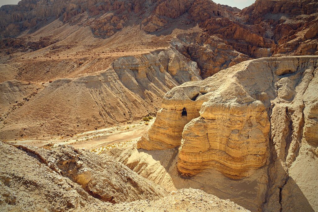 The caves above Qumran where the Dead Sea Scrolls, including the Book of Enoch giants fragments, were found
