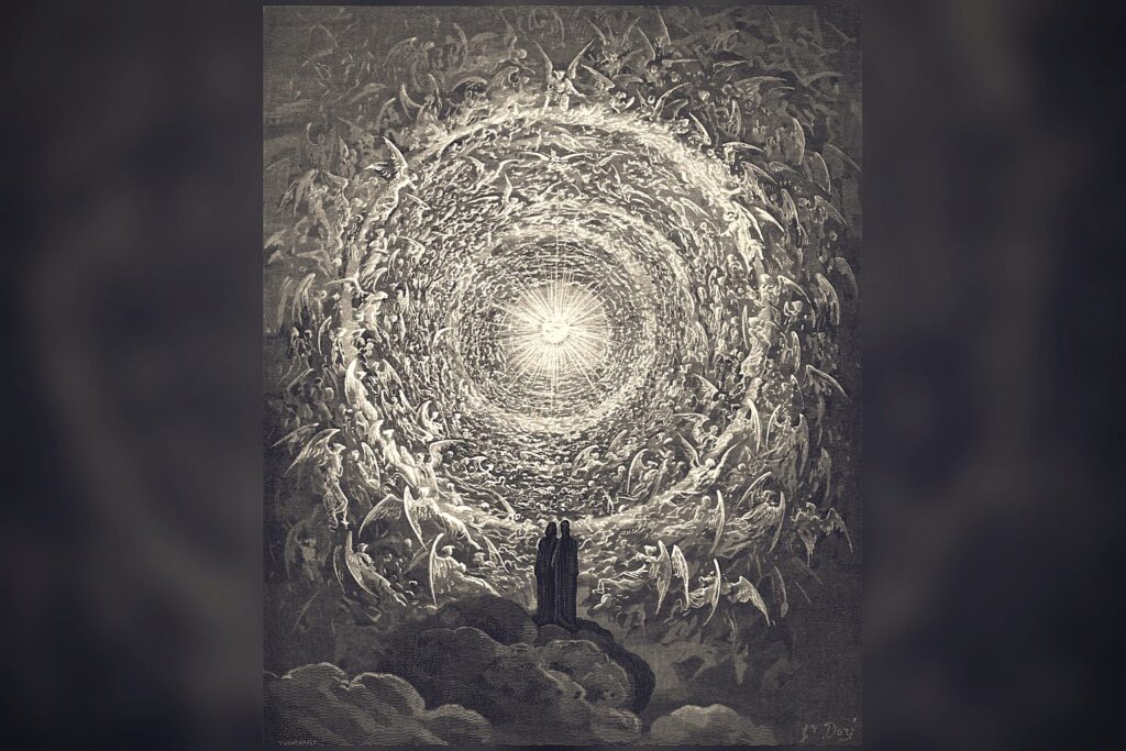 The ranks of the angelic host arranged around the divine light
