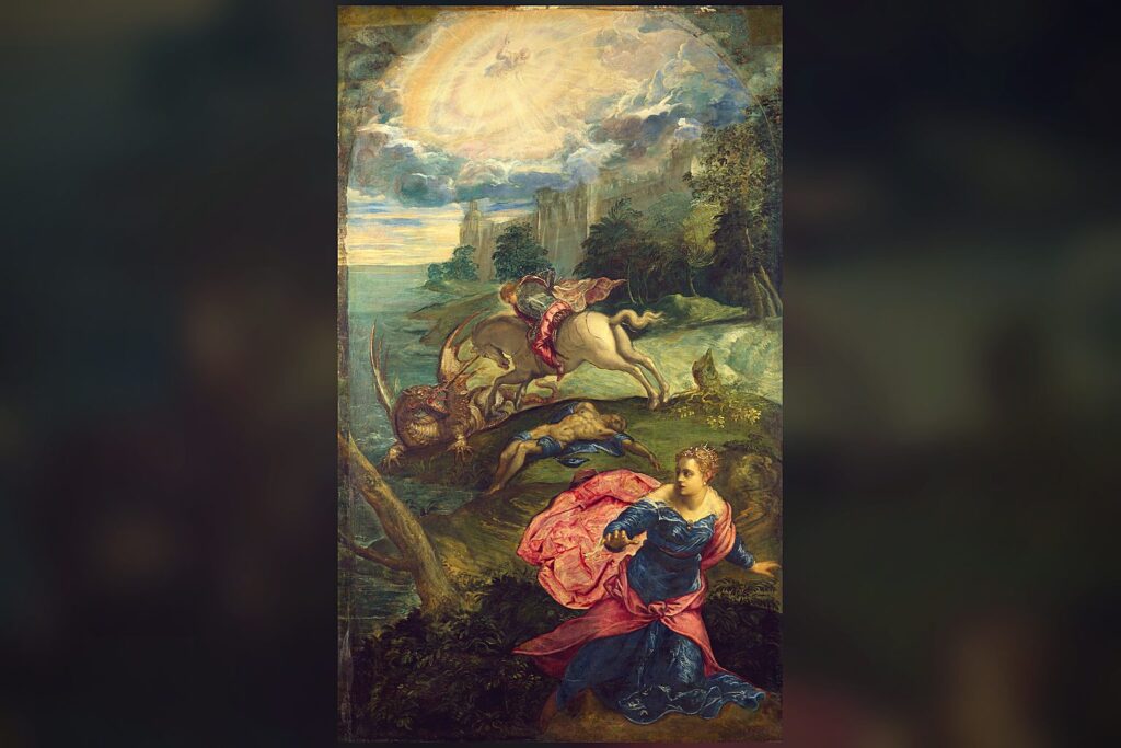 Saint George fighting the dragon, one of many dragon accounts cited in the argument about dinosaurs in the Bible