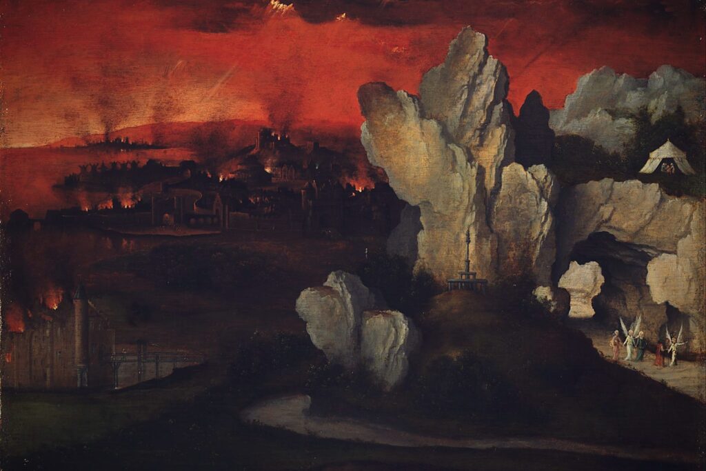 Lot fleeing as Sodom and Gomorrah burn on the plain behind him