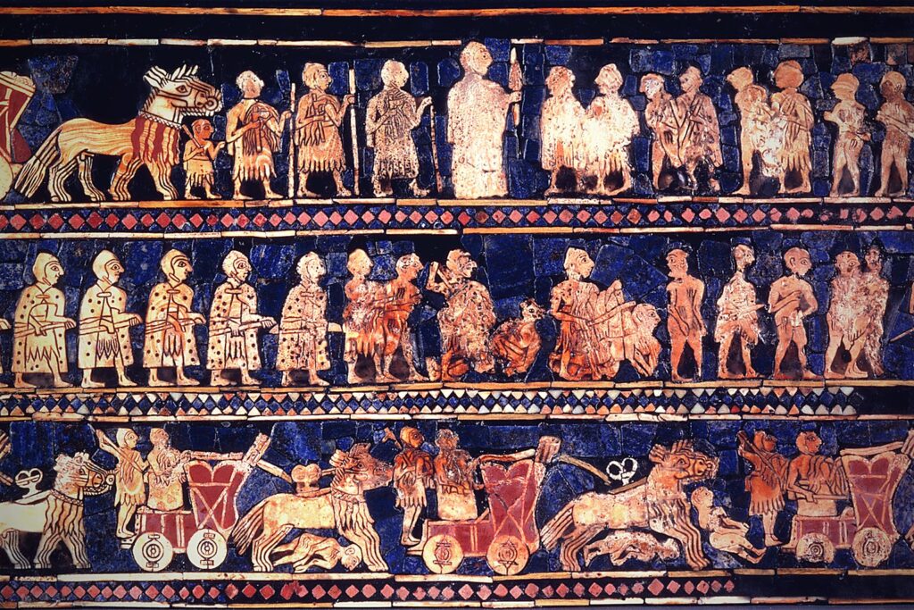 The War panel of the Standard of Ur, showing a Sumerian king and his army in the third millennium BC