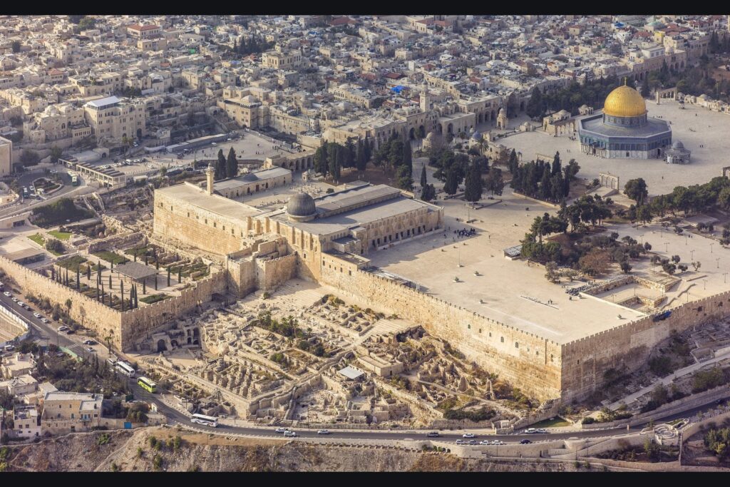 Aerial view of the Temple Mount with the Dome of the Rock and Al-Aqsa Mosque on the site a third temple would need