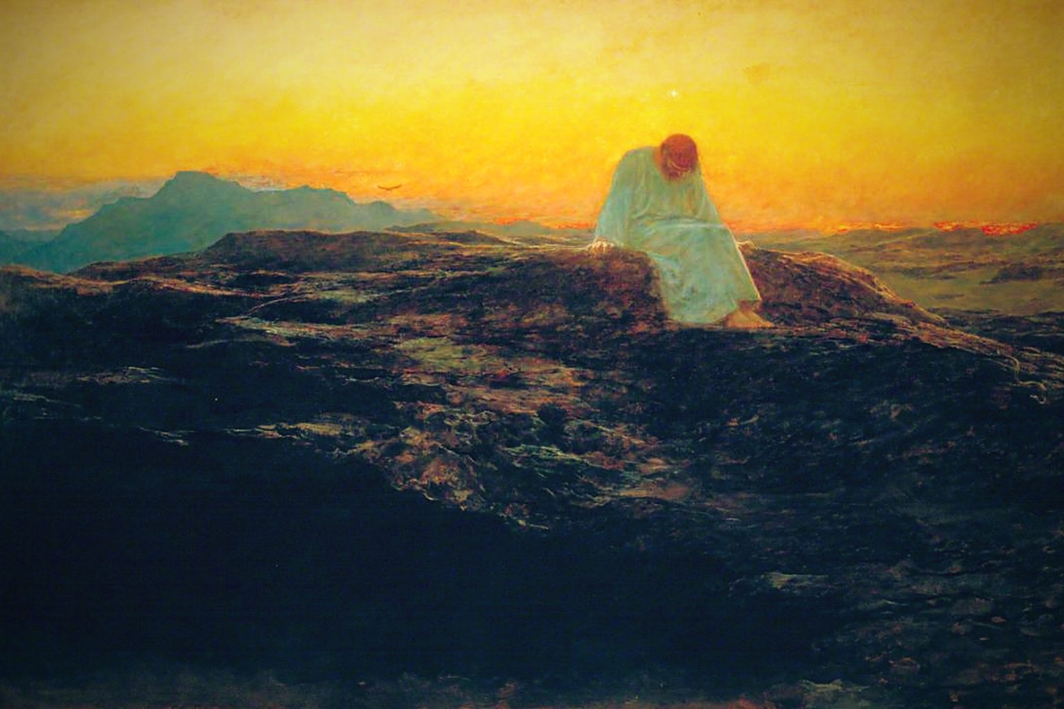 Cristo solo entre rocas en el desierto, en el cuadro de Briton Rivière sobre la tentación en el desierto