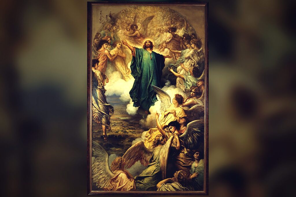 Christ taken up into a cloud at the Ascension while the disciples watch