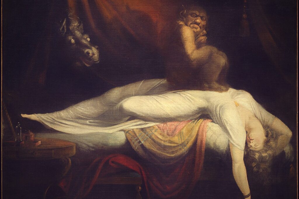 A demon crouching on the chest of a sleeping woman, the classic image of sleep paralysis