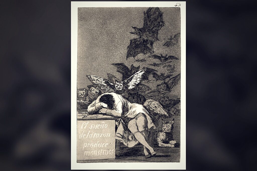 A sleeping figure surrounded by owls and bats as reason sleeps, an image often borrowed for the DMT spirit molecule experience