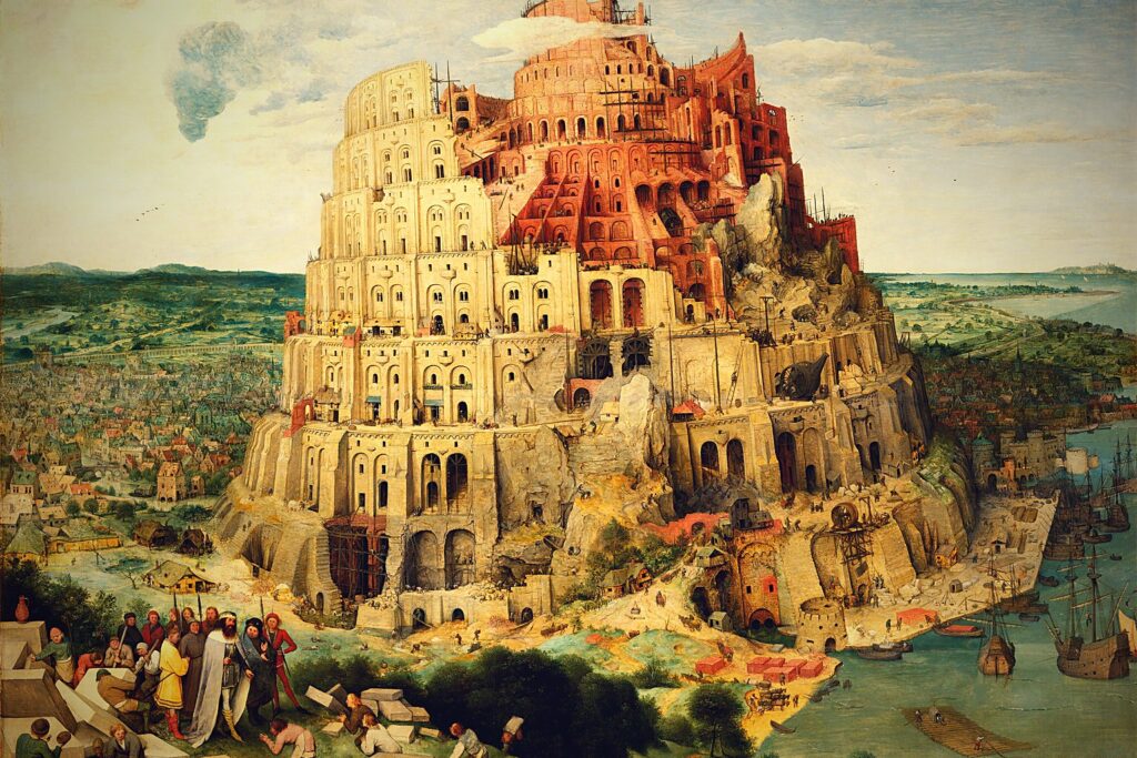 The Tower of Babel under construction, rising in spiralling tiers