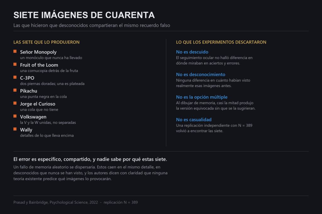 Gráfico de las siete imágenes de cuarenta que produjeron el efecto Mandela visual, y lo que descartó cada experimento