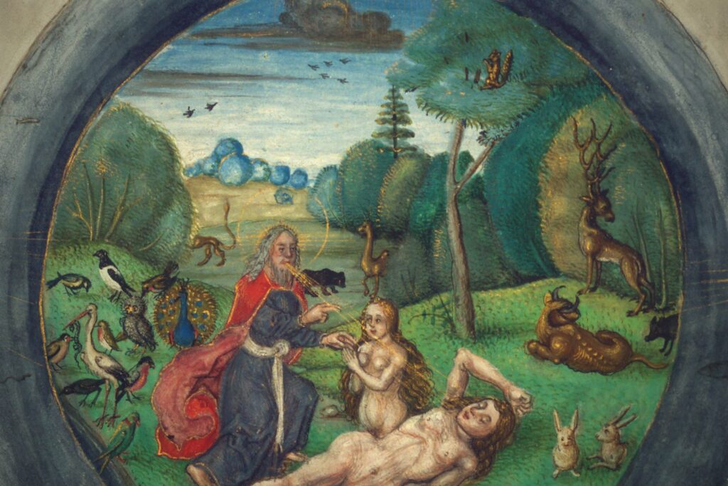 God with the newly created Adam and Eve and the animals of the creation week in Eden