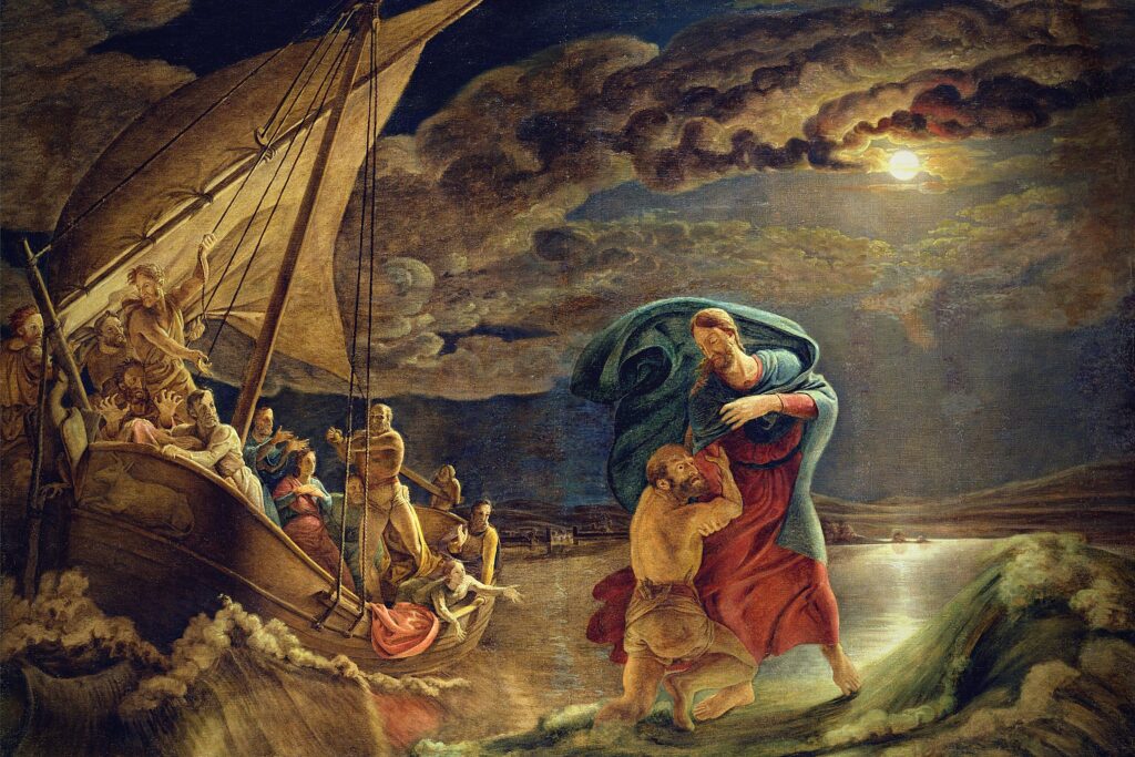 Jesus walking on the moonlit sea in the fourth watch of the night and lifting Peter from the water as the disciples watch from the boat